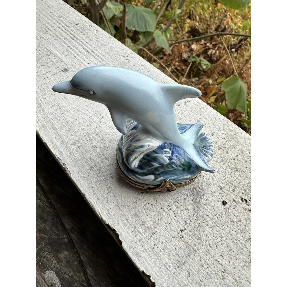 Limoges France Dubarry Dolphin Waves Trinket Box Sailboat Clasp Hand Painted
